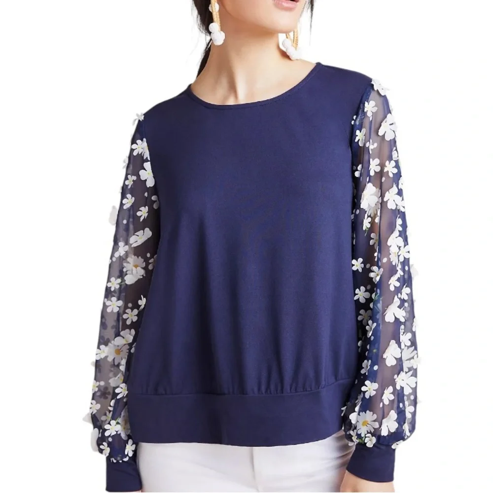 Anthropologie Eva Franco Becky Navy Blue White Daisy Appliqué Top - XS